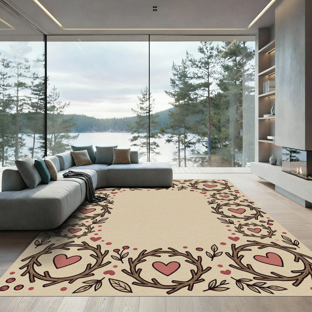 Earthy Twig Heart Wreath Border Rug