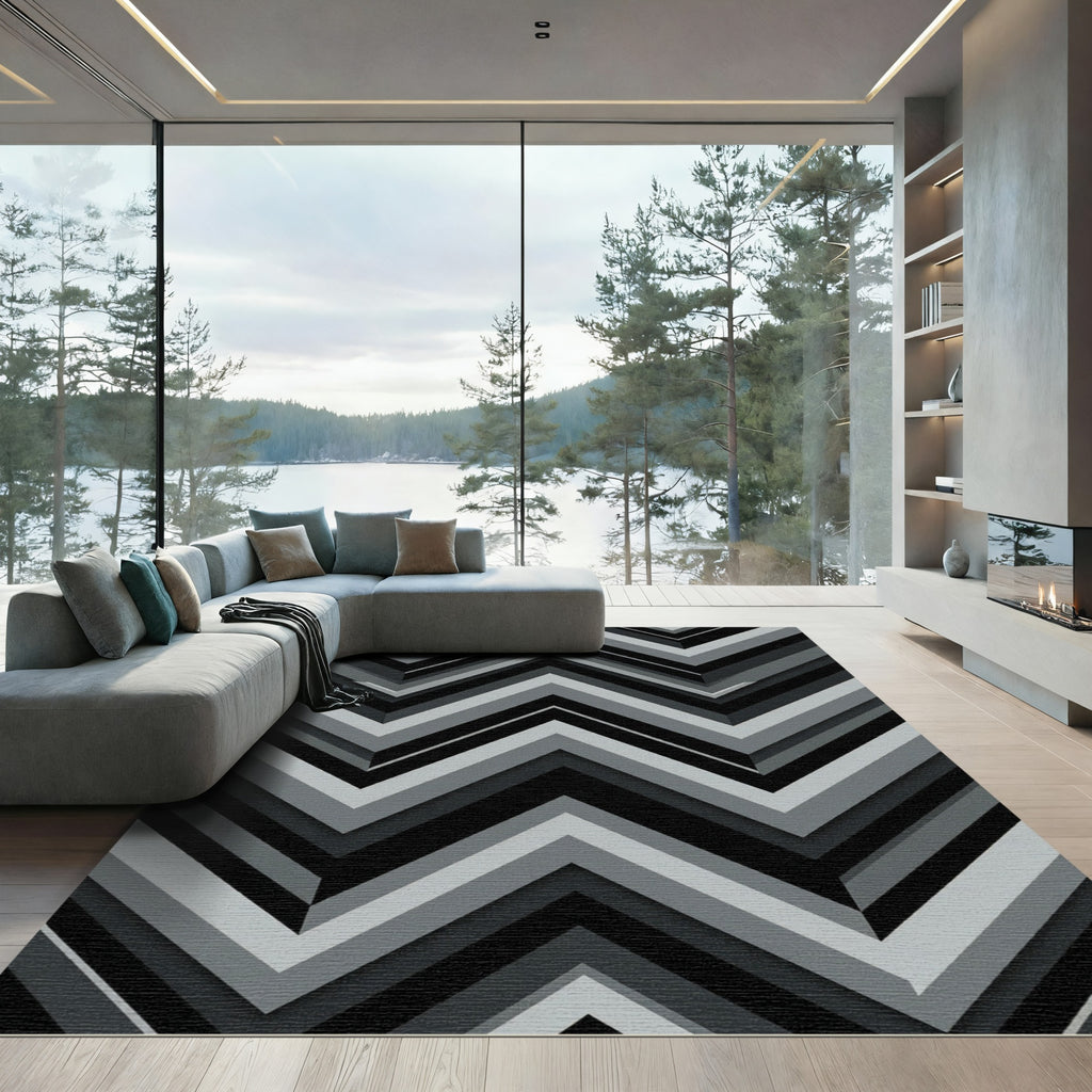 Monochrome Geometric Chevron Zigzag Art Rug