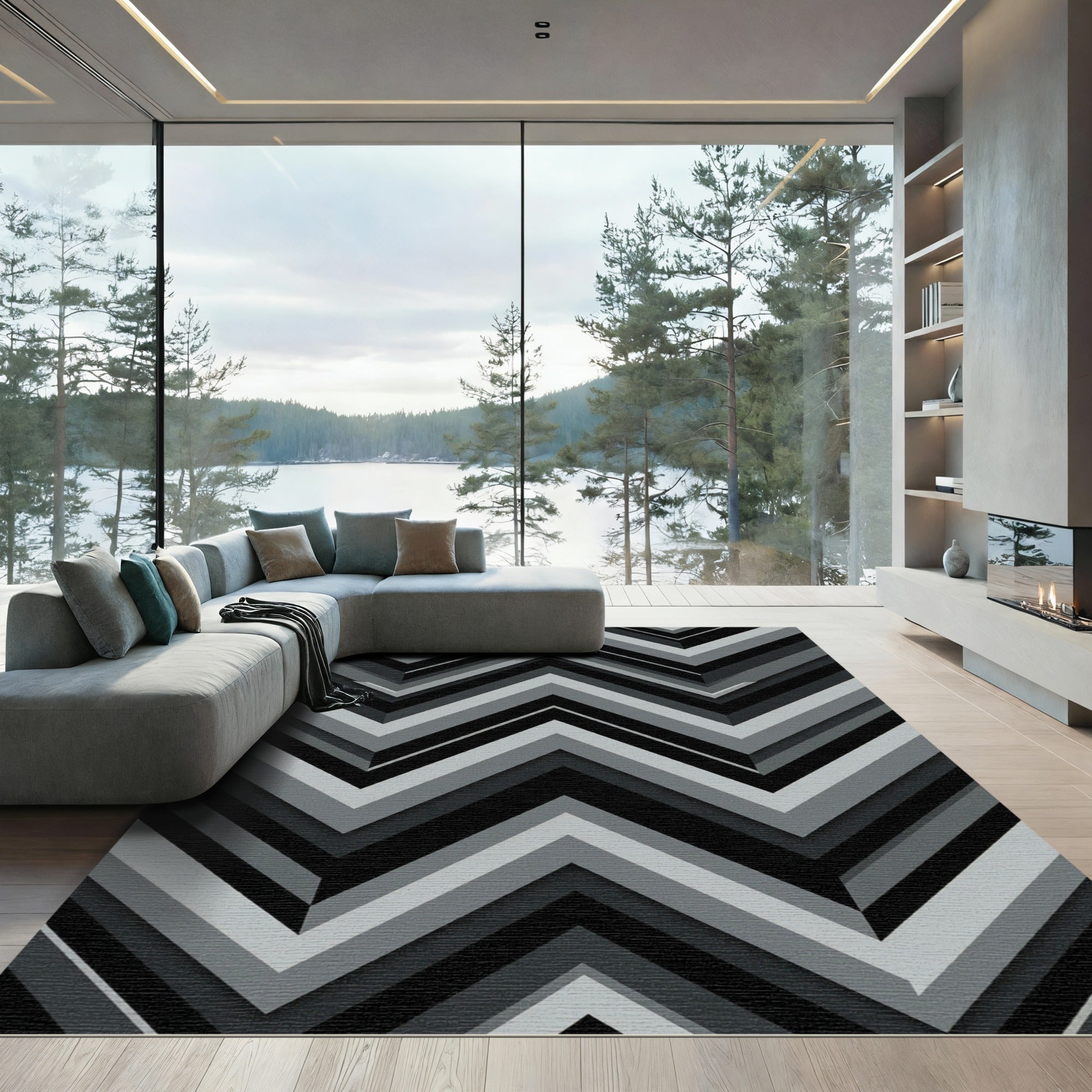 Monochrome Geometric Chevron Zigzag Art Rug