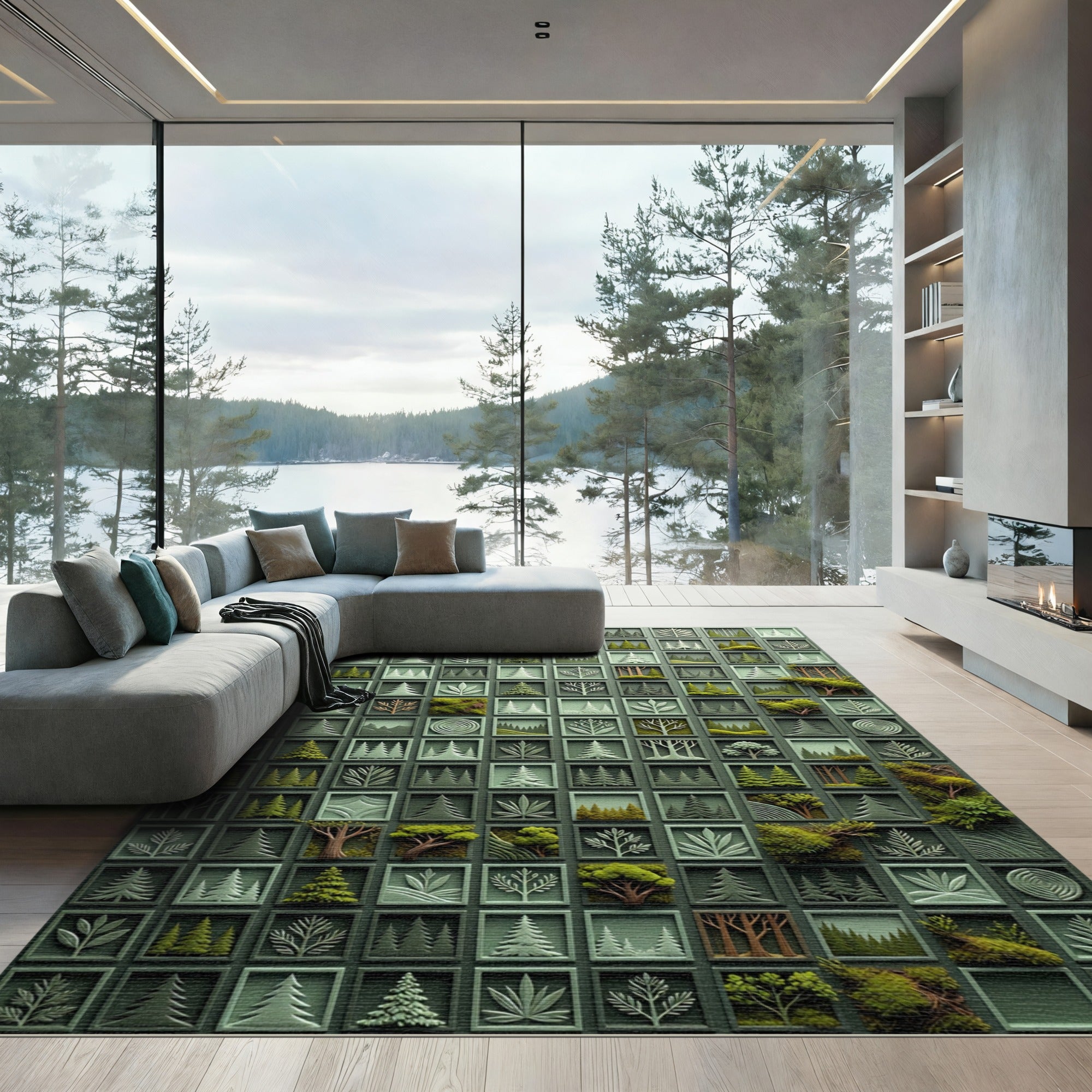 Sage Green Botanical Forest Grid Rug