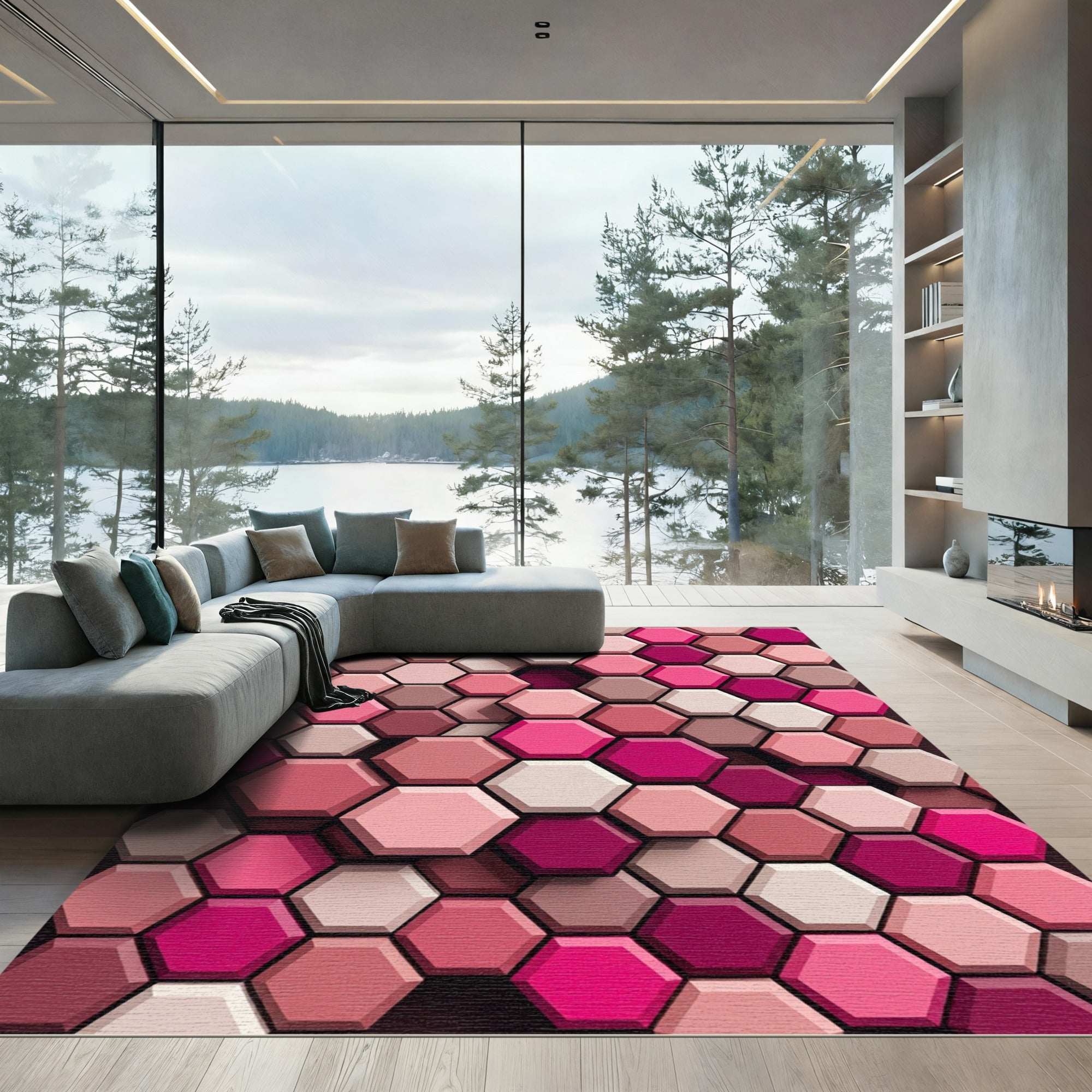 Sophisticated Rose Geometric Hexagon Mosaic Rug