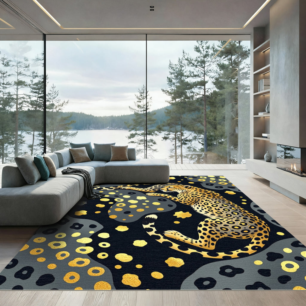 Golden Cheetah and Abstract Spot Art Rug