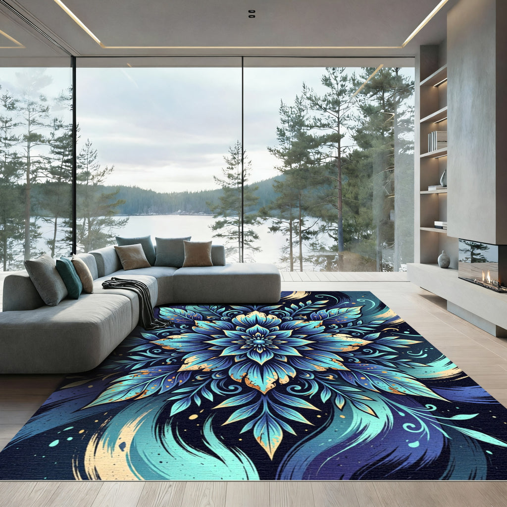Radiant Blue Botanical Mandala Swirl Rug