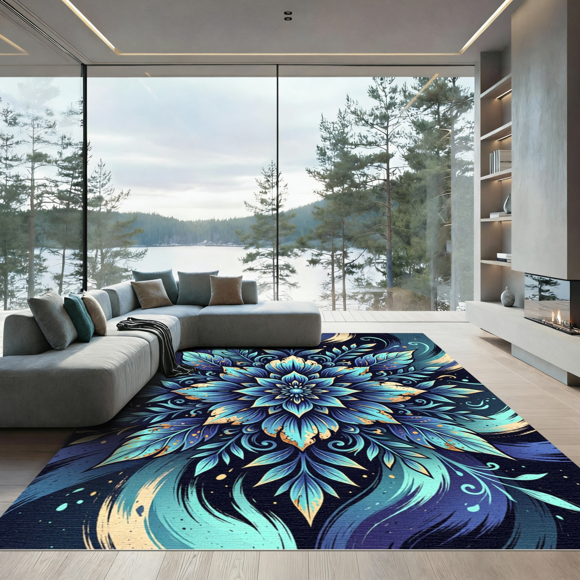 Radiant Blue Botanical Mandala Swirl Rug