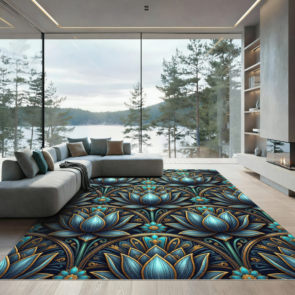 Luxurious Teal Lotus Archway Rug