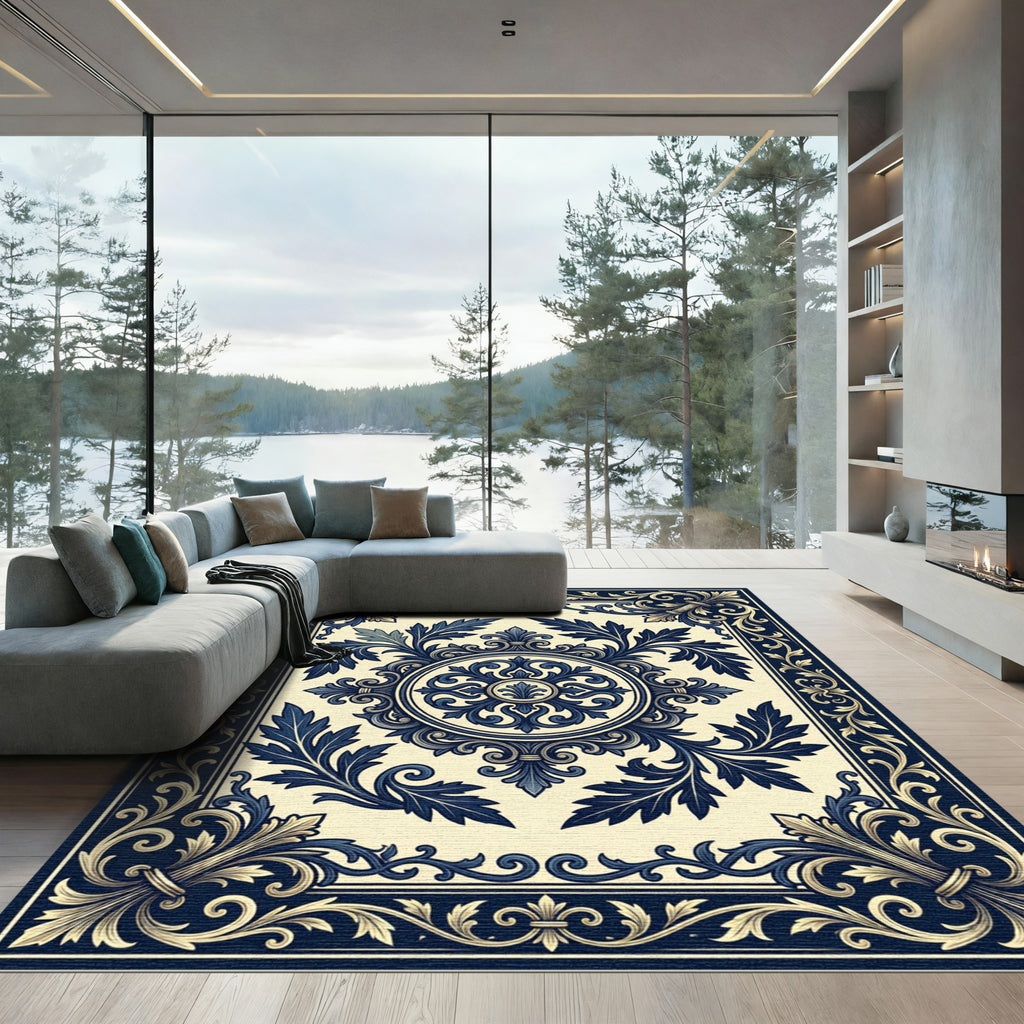 Elegant Navy White Floral Medallion Rug