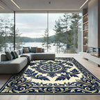 Elegant Navy White Floral Medallion Rug