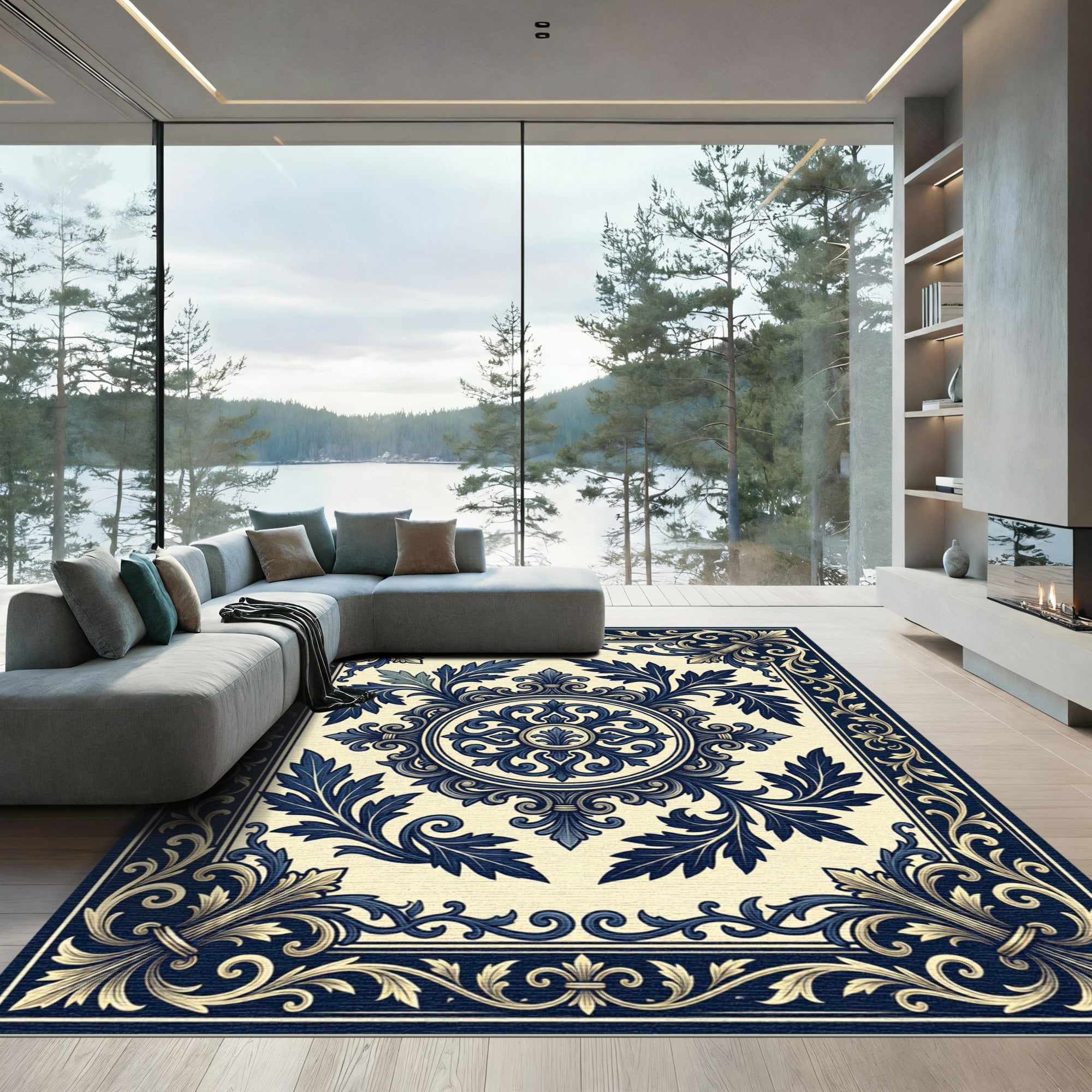 Elegant Navy White Floral Medallion Rug