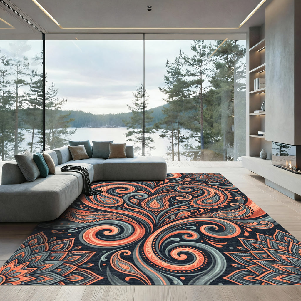 Earthy Peach and Teal Paisley Swirls Rug