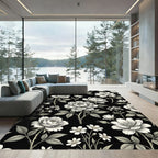 Monochrome Botanical Floral Black Backdrop Rug