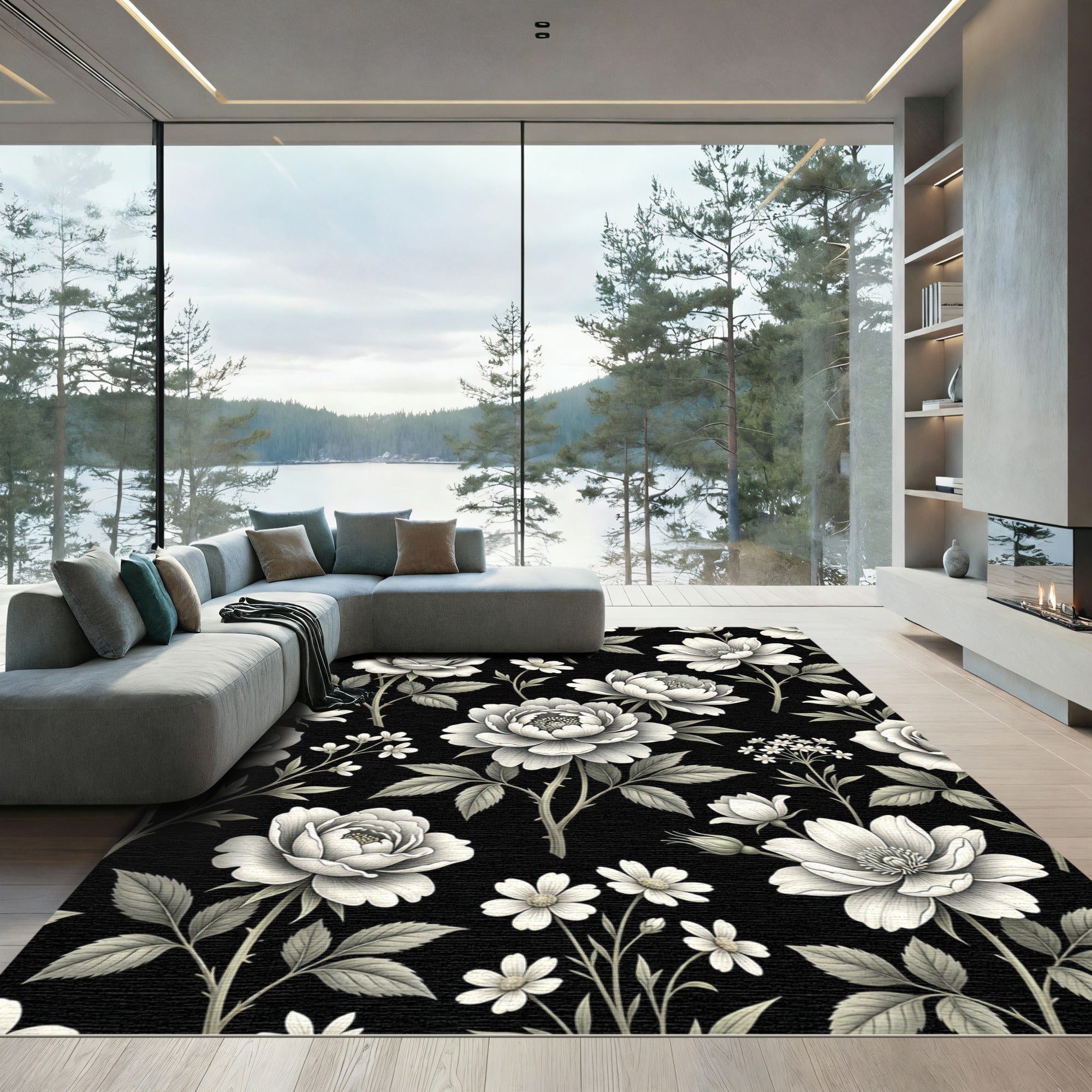 Monochrome Botanical Floral Black Backdrop Rug