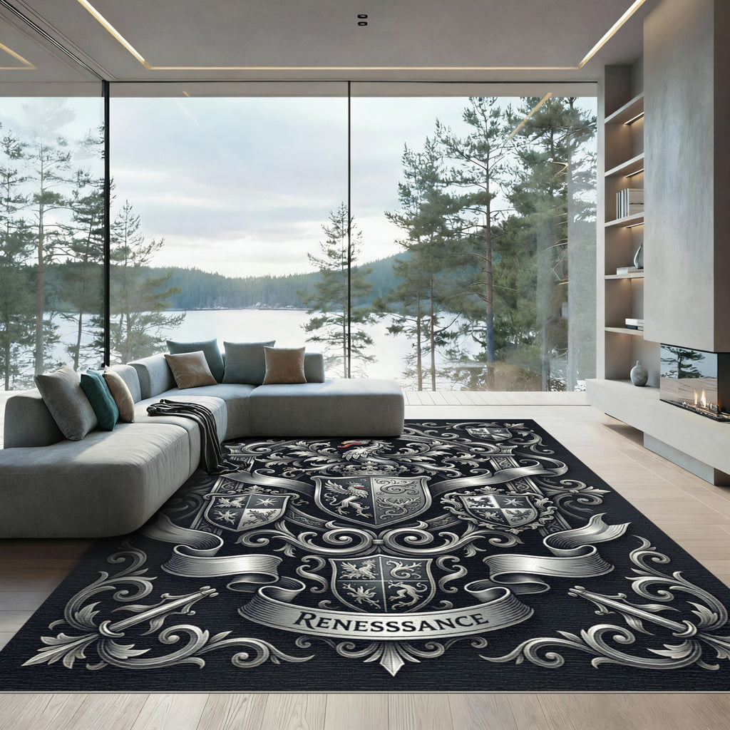 Ornate Silver Griffin Crest Emblem Rug