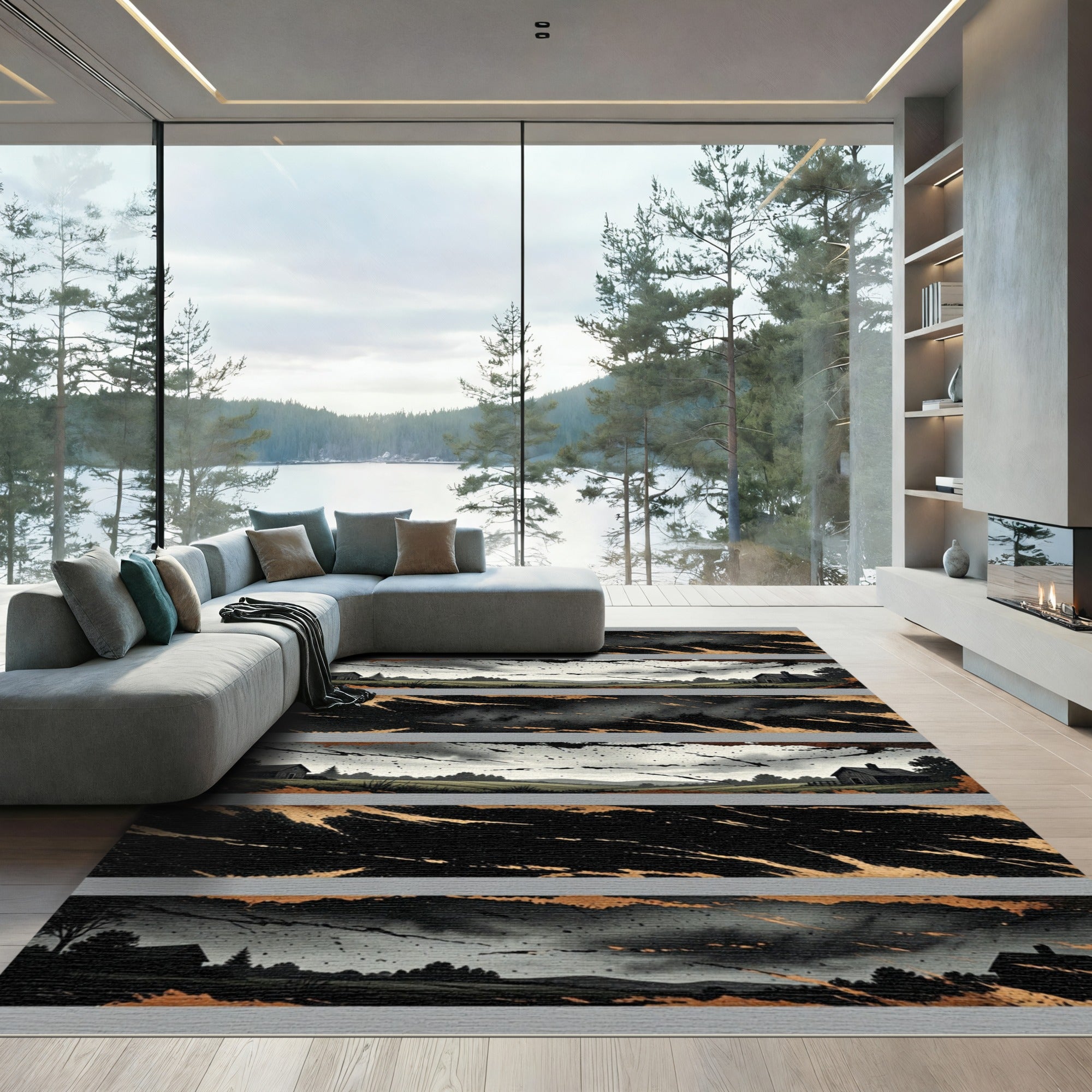 Rustic Black Golden Farmhouse Landscape Rug