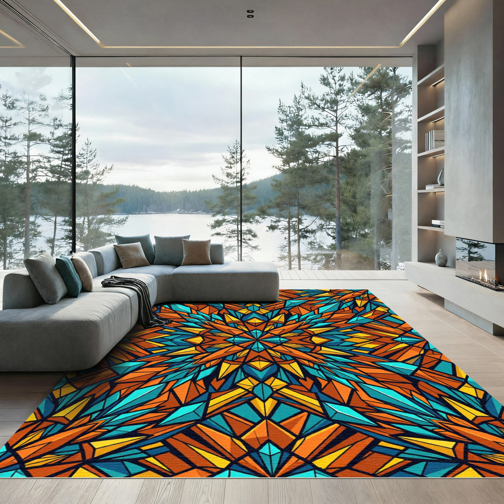 Vibrant Geometric Kaleidoscope Orange Teal Rug