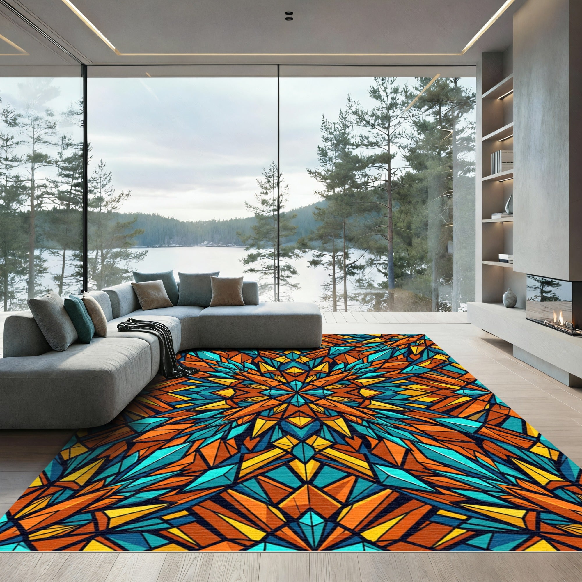 Vibrant Geometric Kaleidoscope Orange Teal Rug