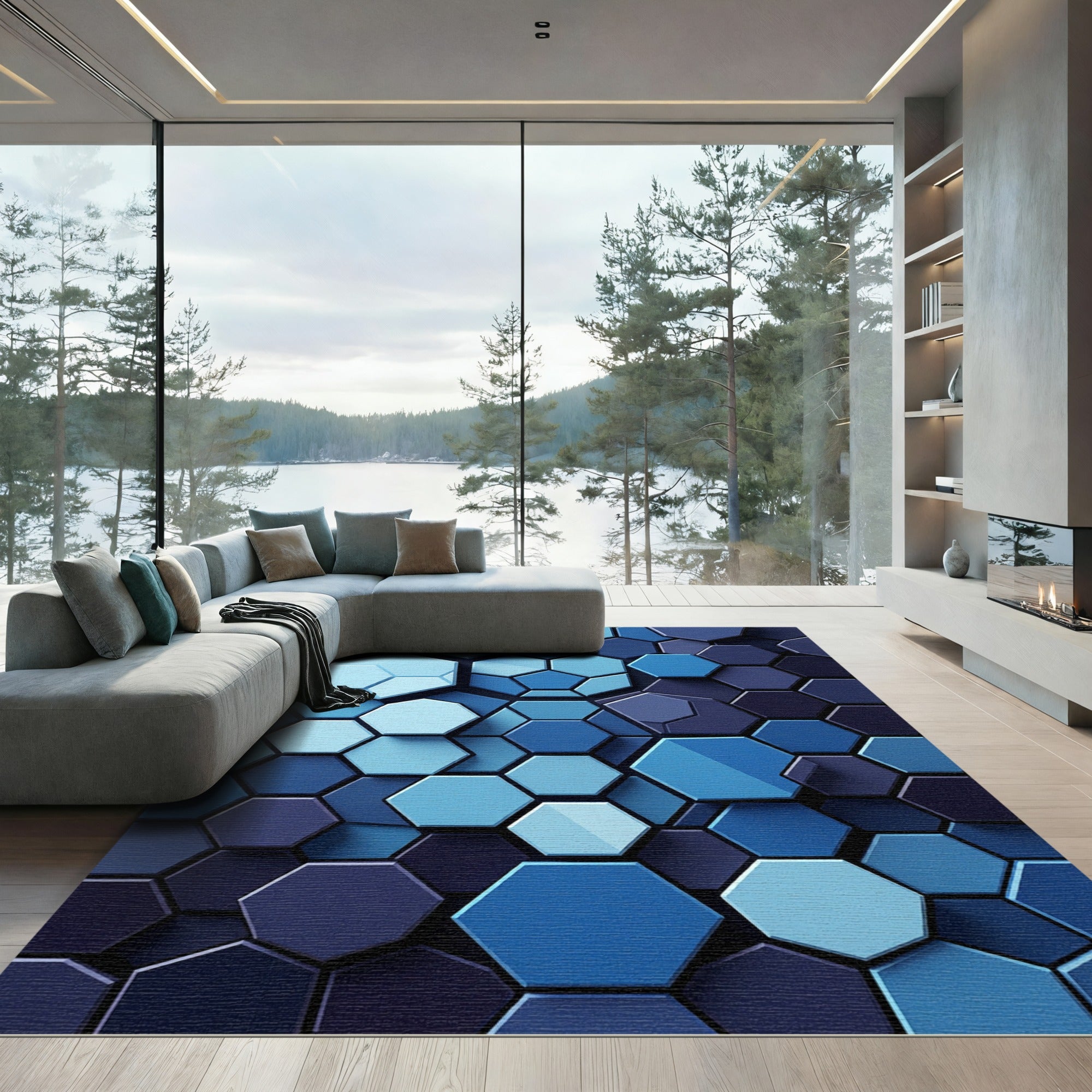 Modern Blue Geometric Hexagon Mosaic Rug