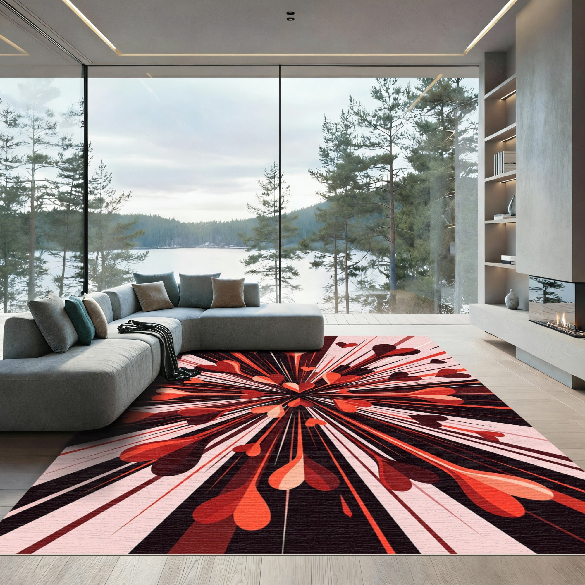 Vibrant Red Heartburst Radial Abstract Rug