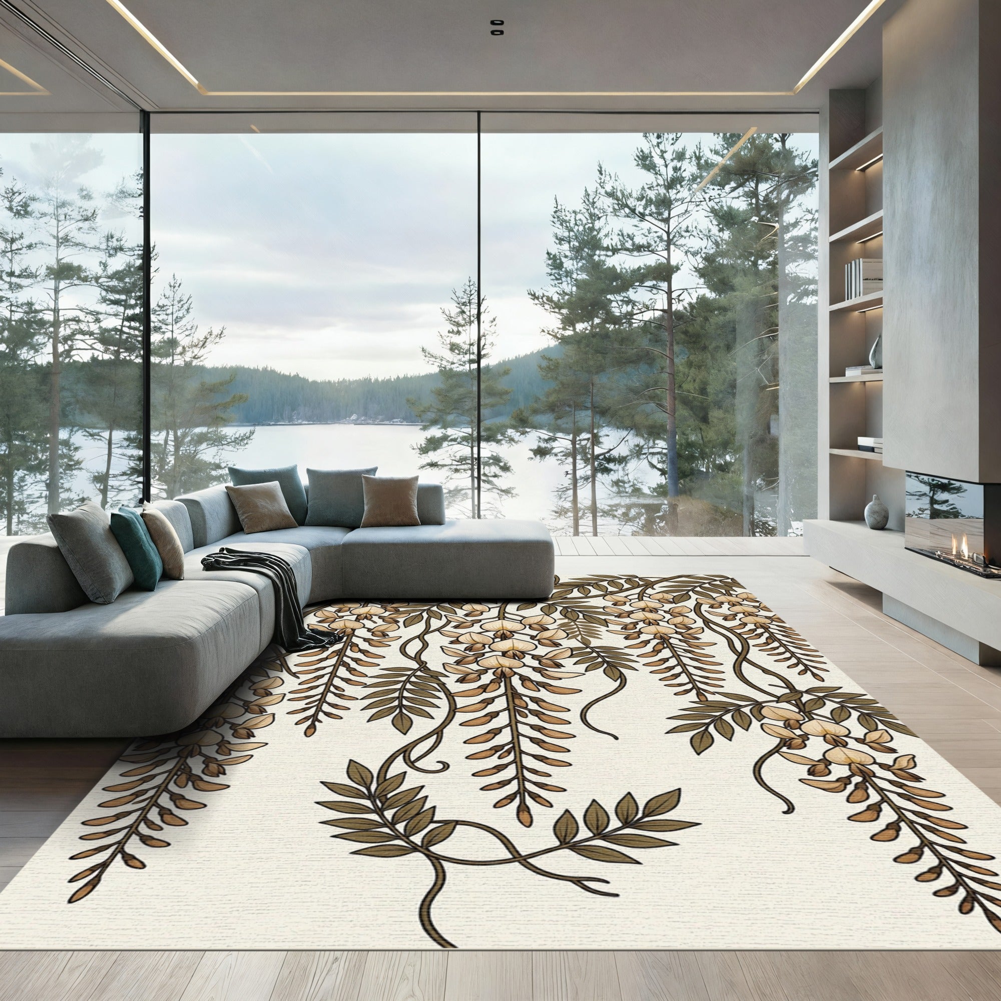 Cream Wisteria Vine Botanical Art Rug
