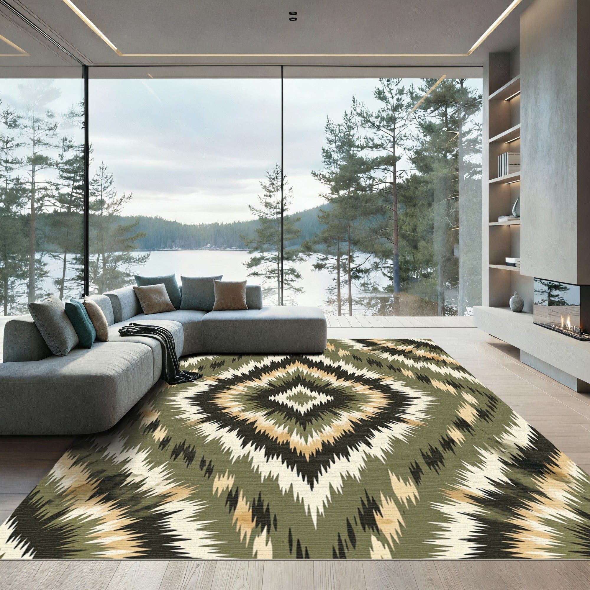 Olive Green Frayed Diamond Rug