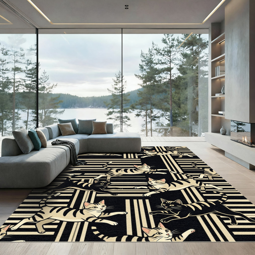 Playful Tabby Cats on Striped Background Rug