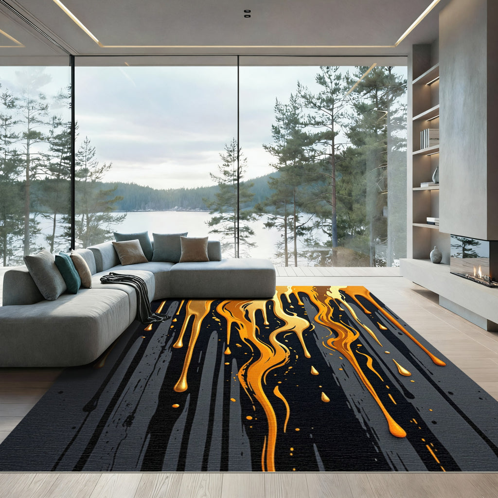 Liquid Gold Drip Abstract Charcoal Rug