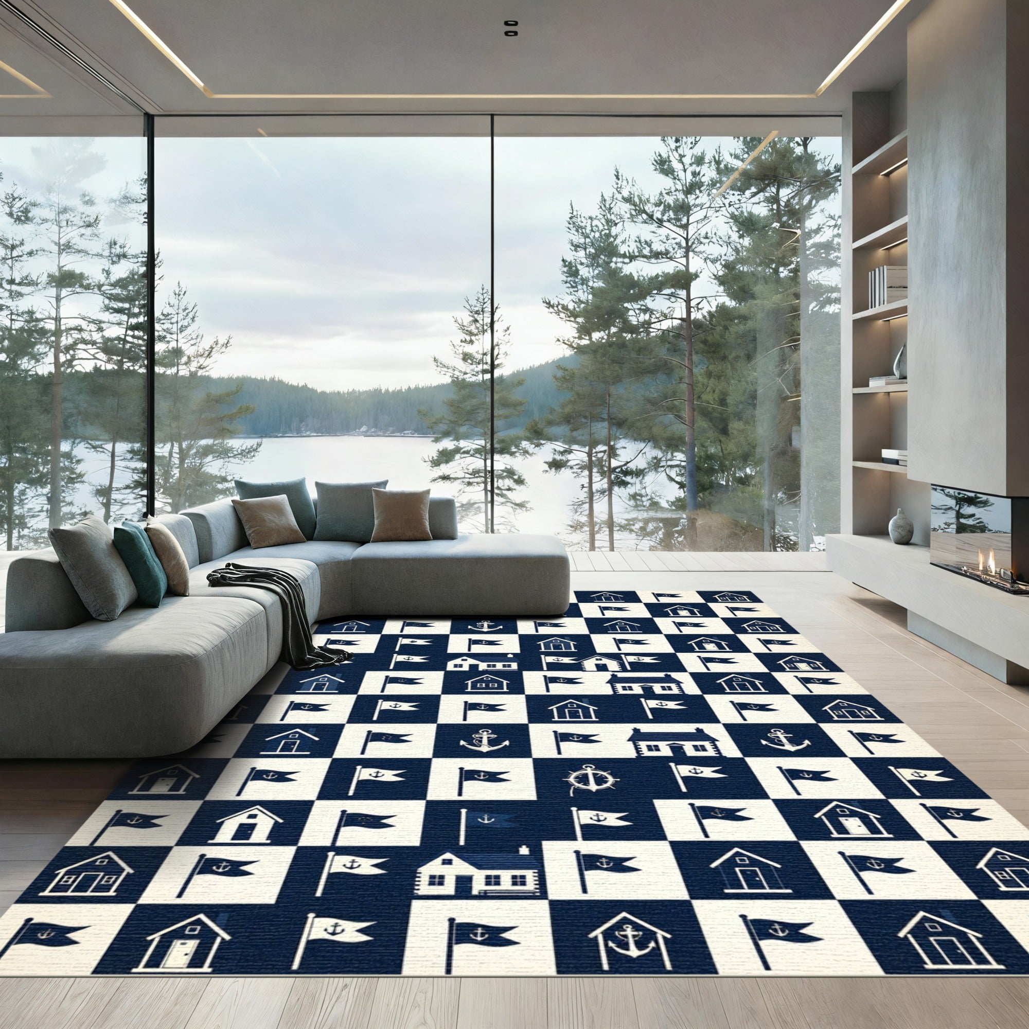 Nautical Houses and Flags Checkerboard Rug