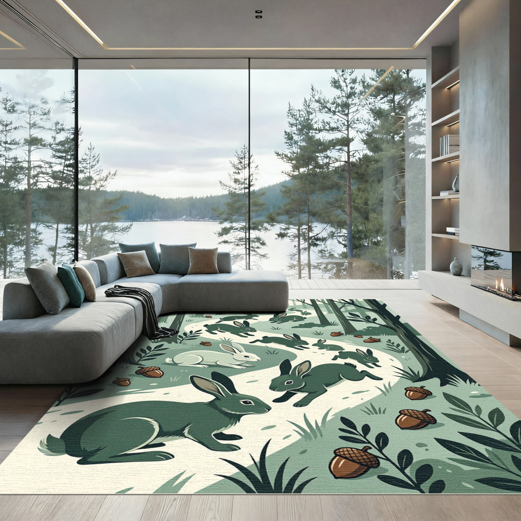 Whimsical Sage Woodland Rabbit Forest Rug
