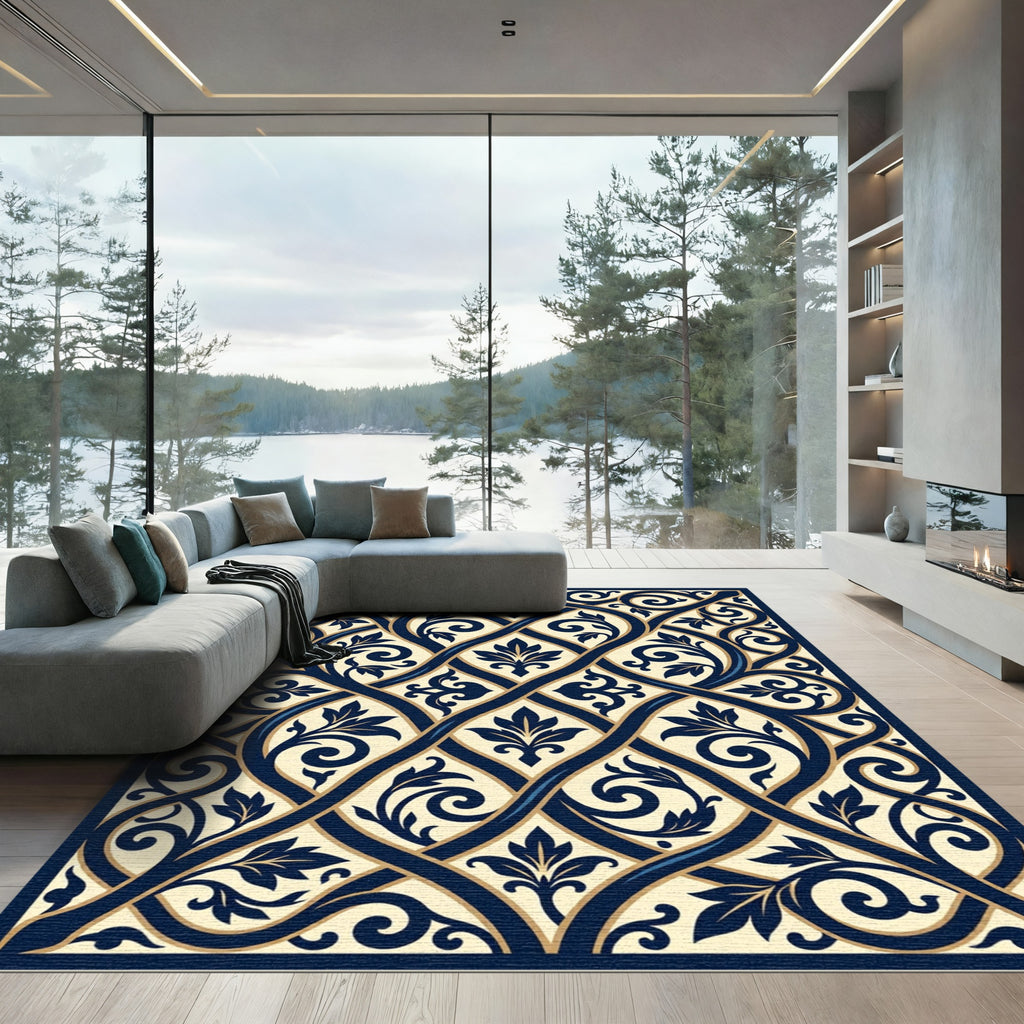 Navy Blue Faux Woven Acanthus Arabesque Rug
