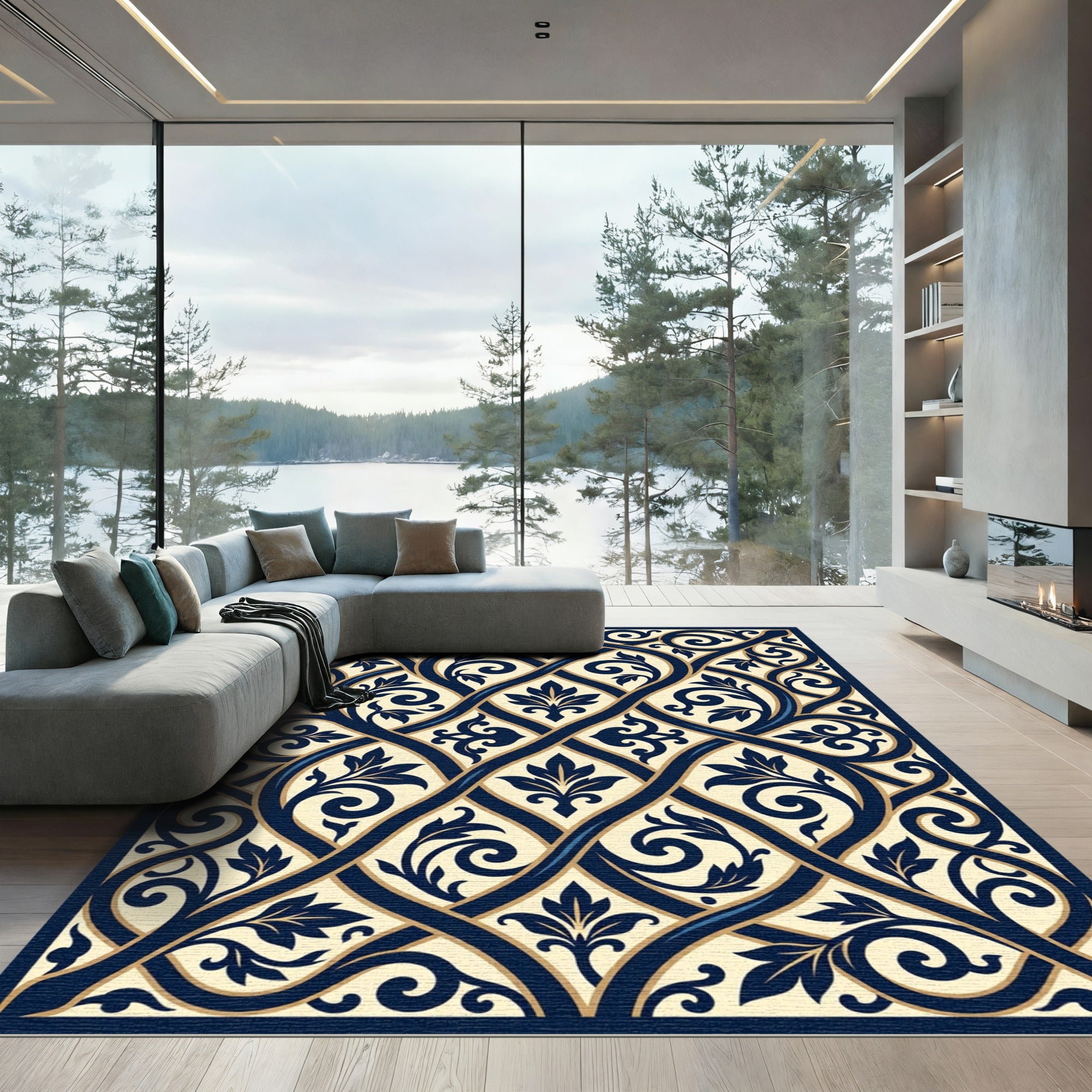 Navy Blue Faux Woven Acanthus Arabesque Rug