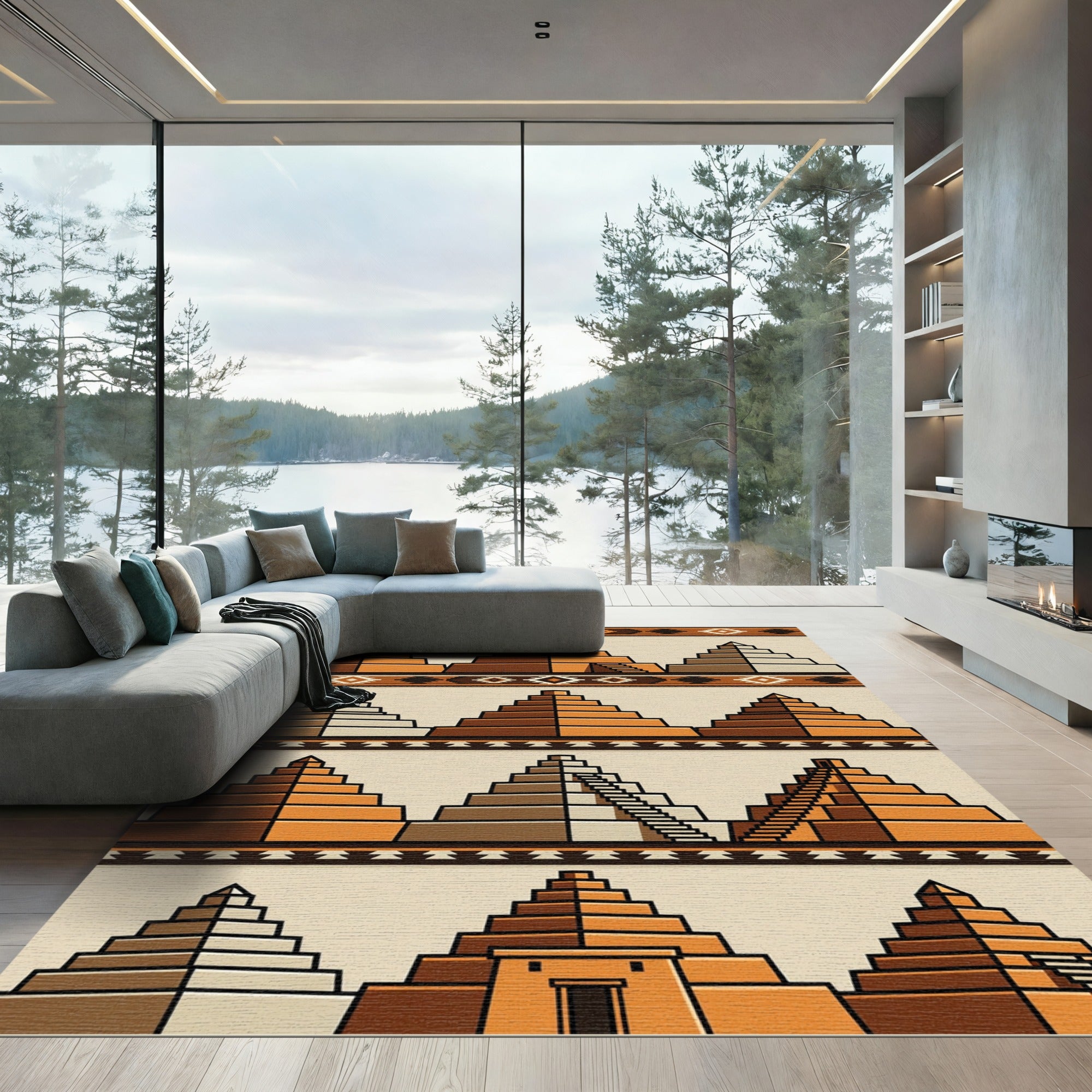 Earthy Aztec Step Pyramid Terracotta Art Rug
