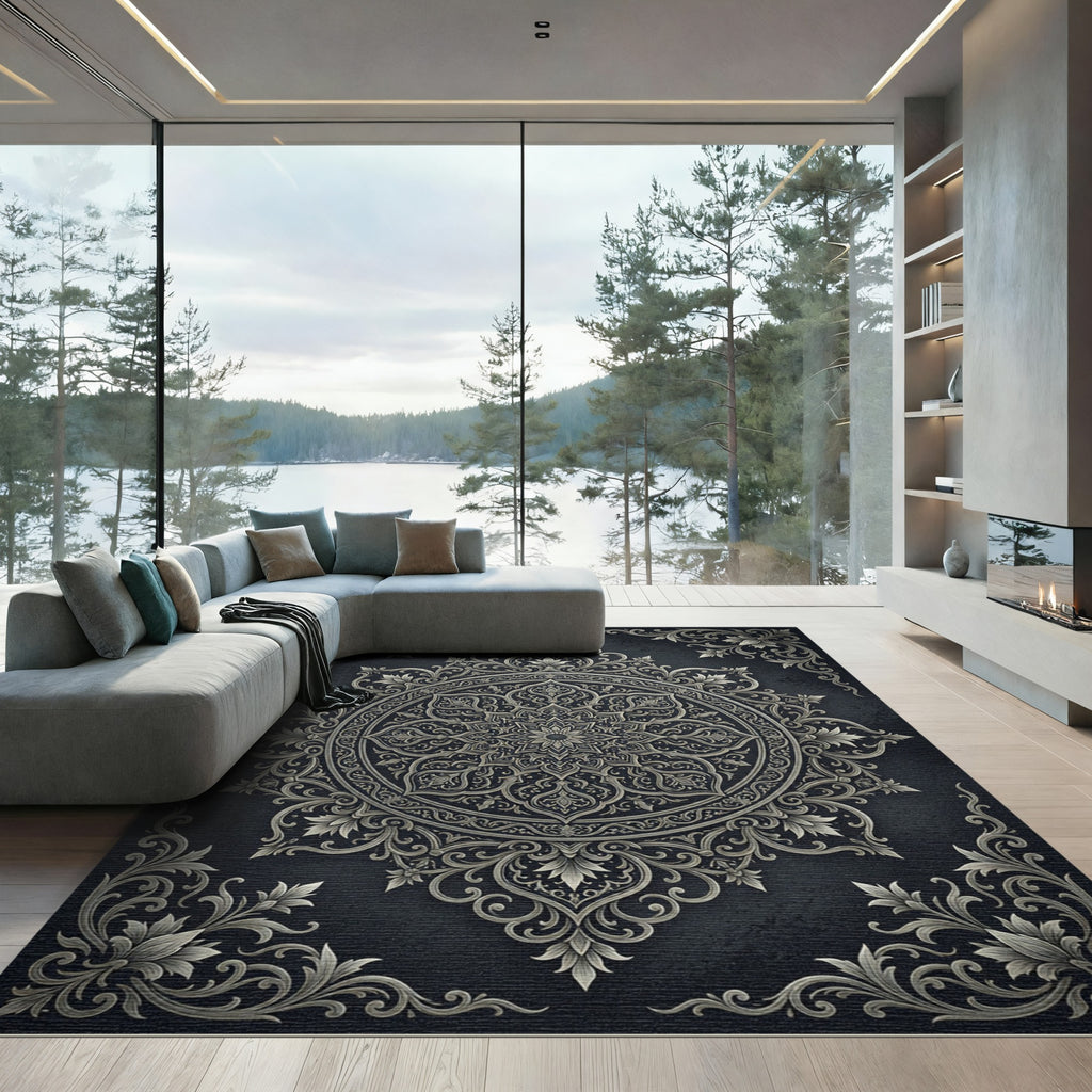 Elegant Silver Damask Charcoal Circular Medallion Rug