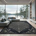 Elegant Silver Damask Charcoal Circular Medallion Rug