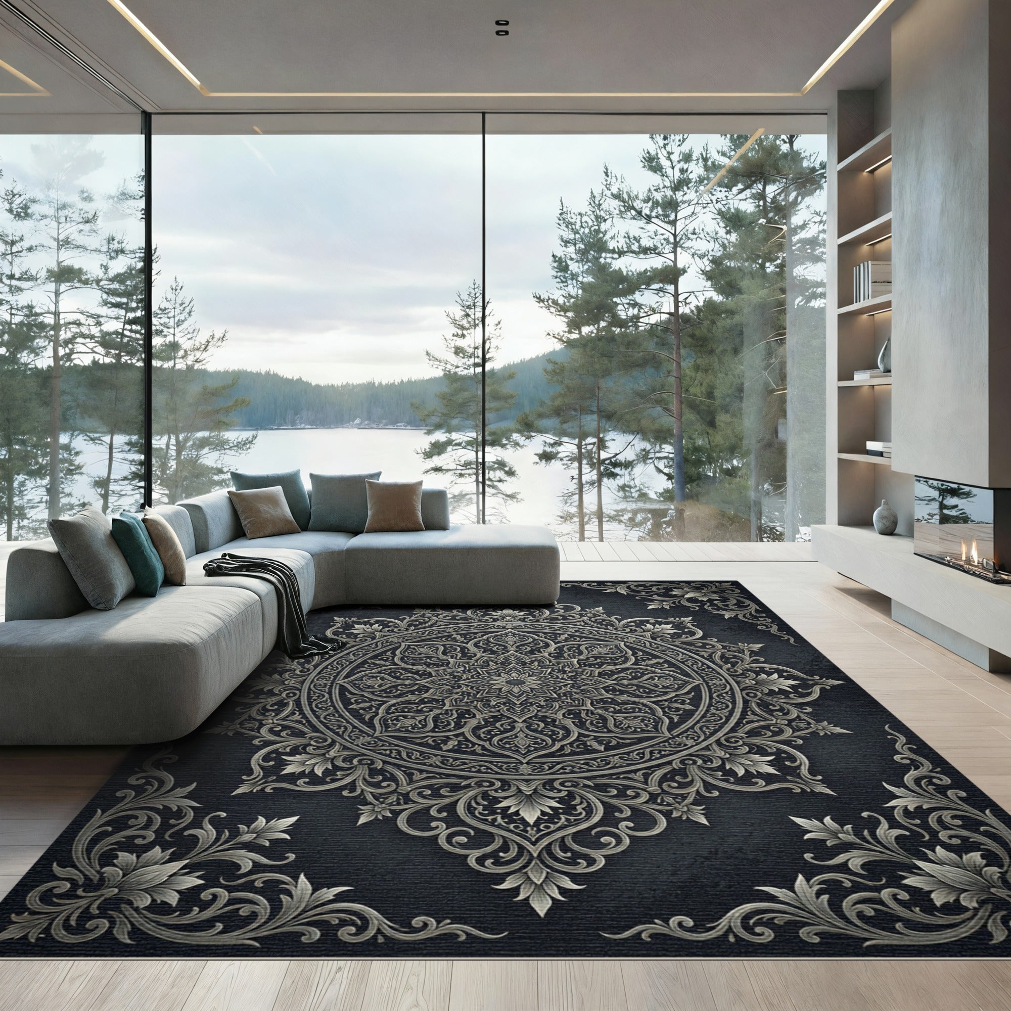 Elegant Silver Damask Charcoal Circular Medallion Rug