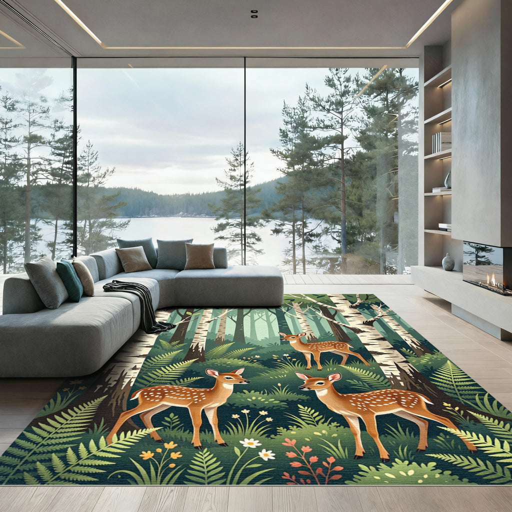 Whimsical Forest Fawn Birch Woodland Scene Rug