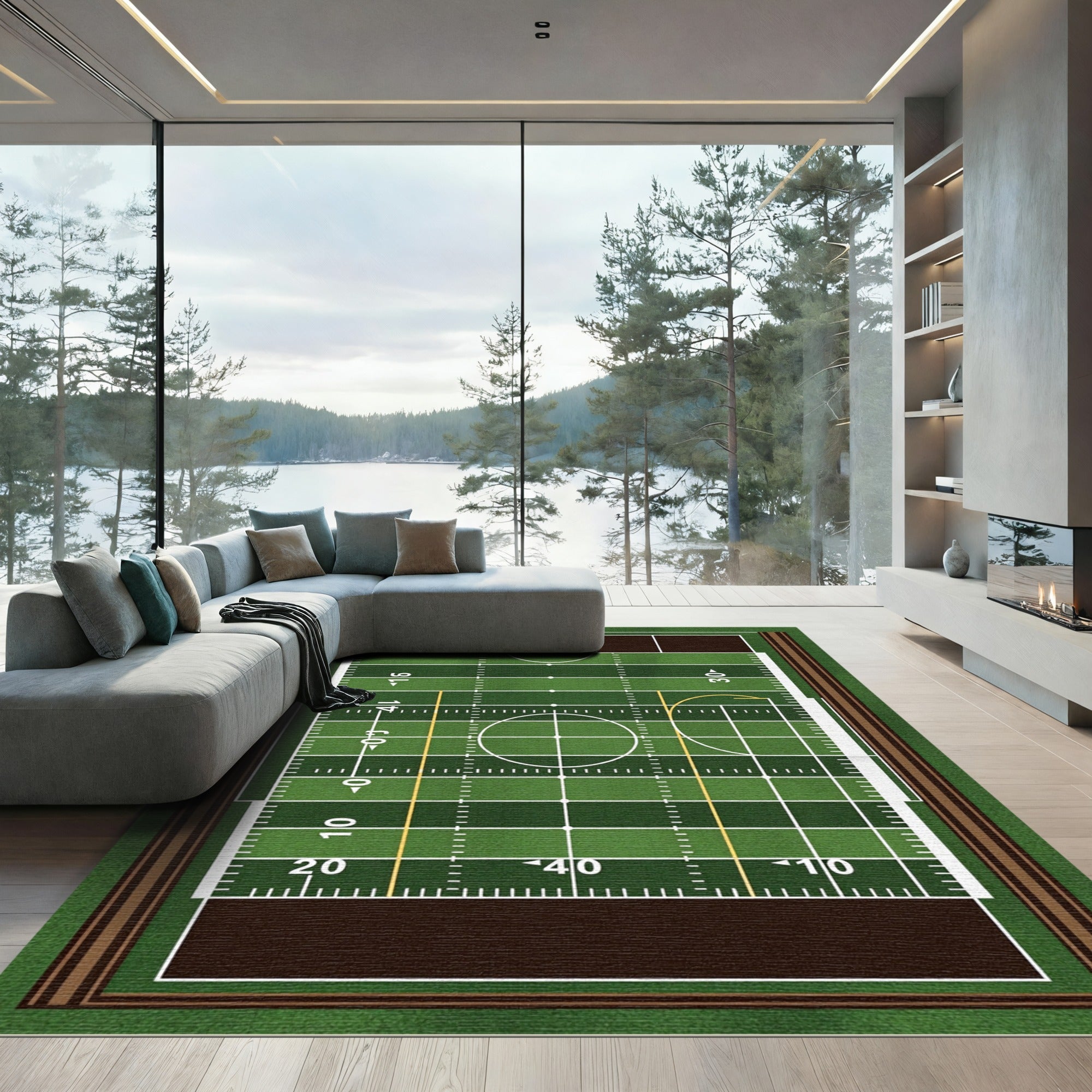 Athletic Green Football Field Grid Rug