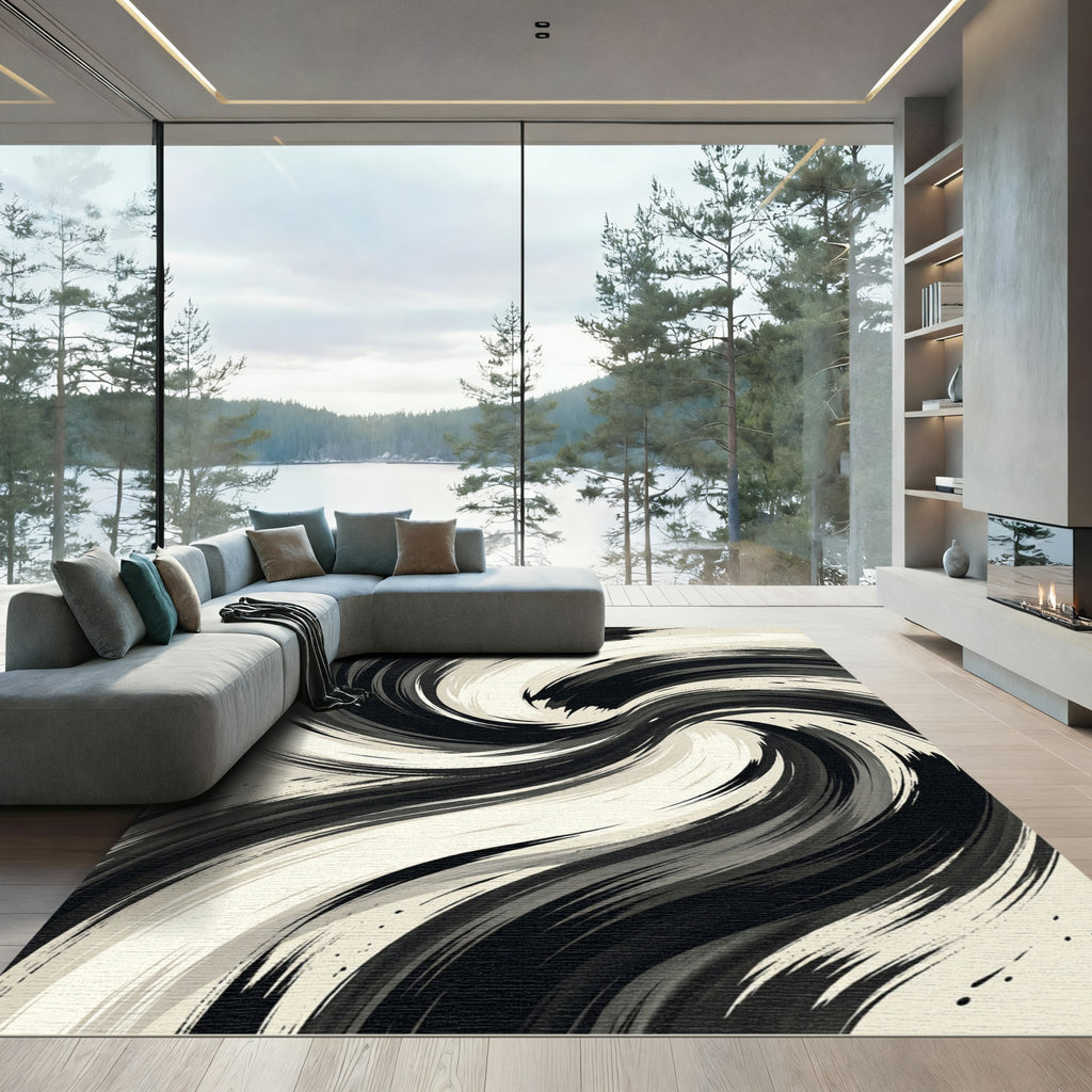 Modern Black White Abstract Swirl Rug