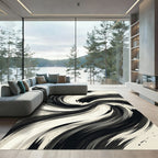 Modern Black White Abstract Swirl Rug