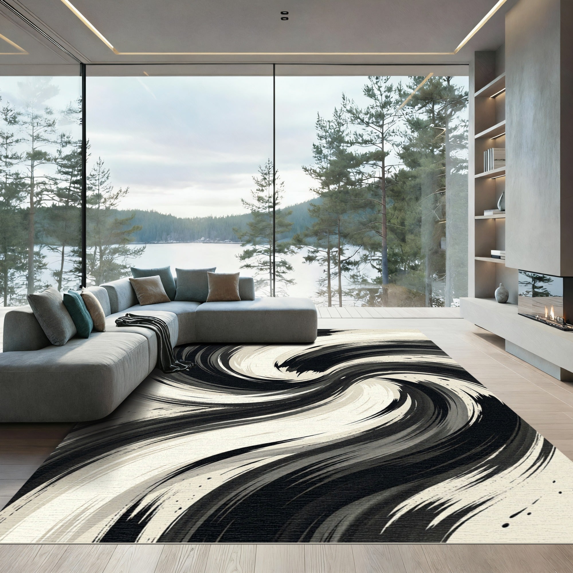 Modern Black White Abstract Swirl Rug