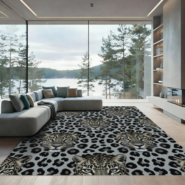 Grey Leopard Face Repeating Animal Rug