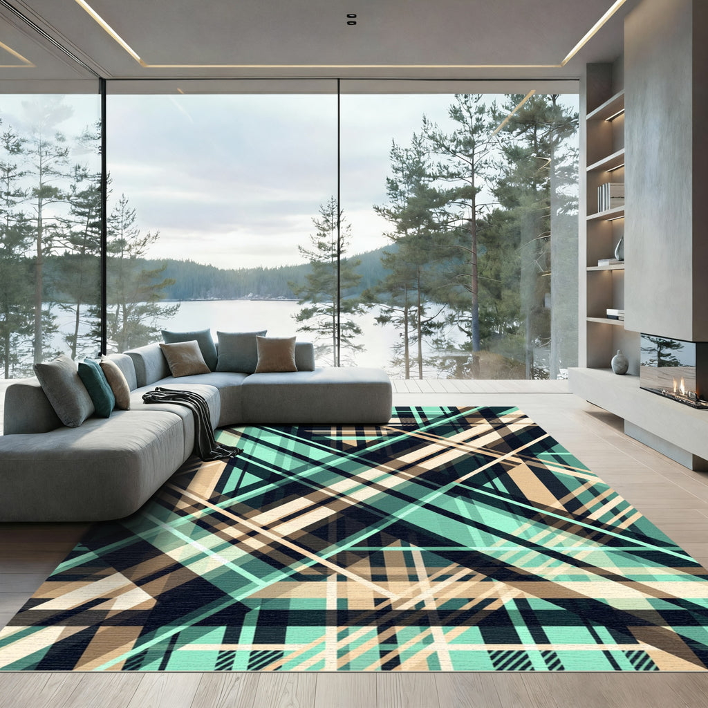 Modern Mint and Beige Plaid Crosshair Rug