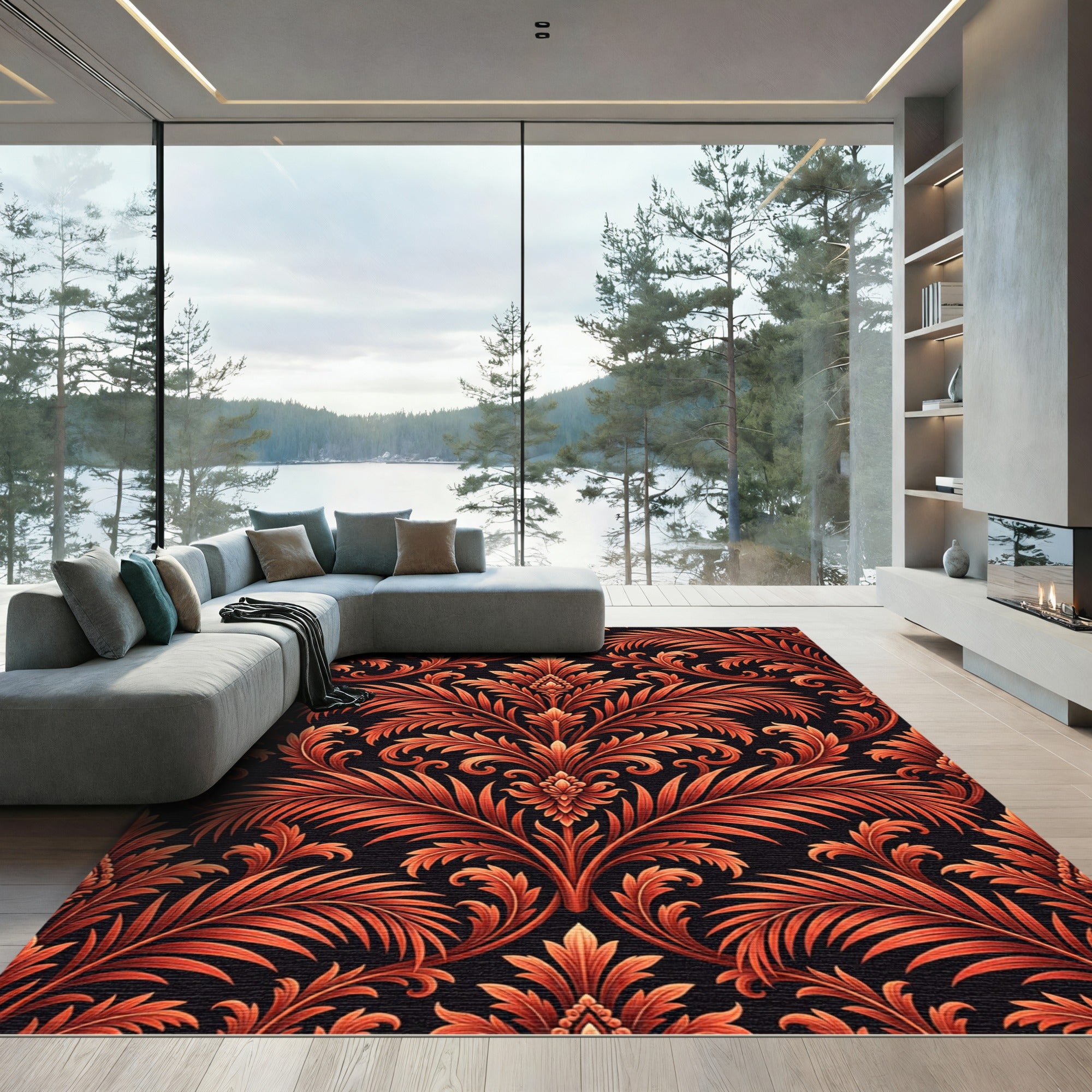 Crimson Vine Scroll Damask Rug