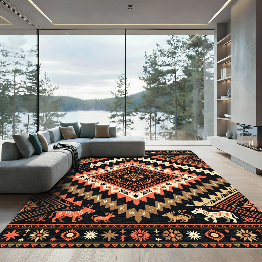 Bold Terracotta Aztec Geometric Wildlife Emblem Rug