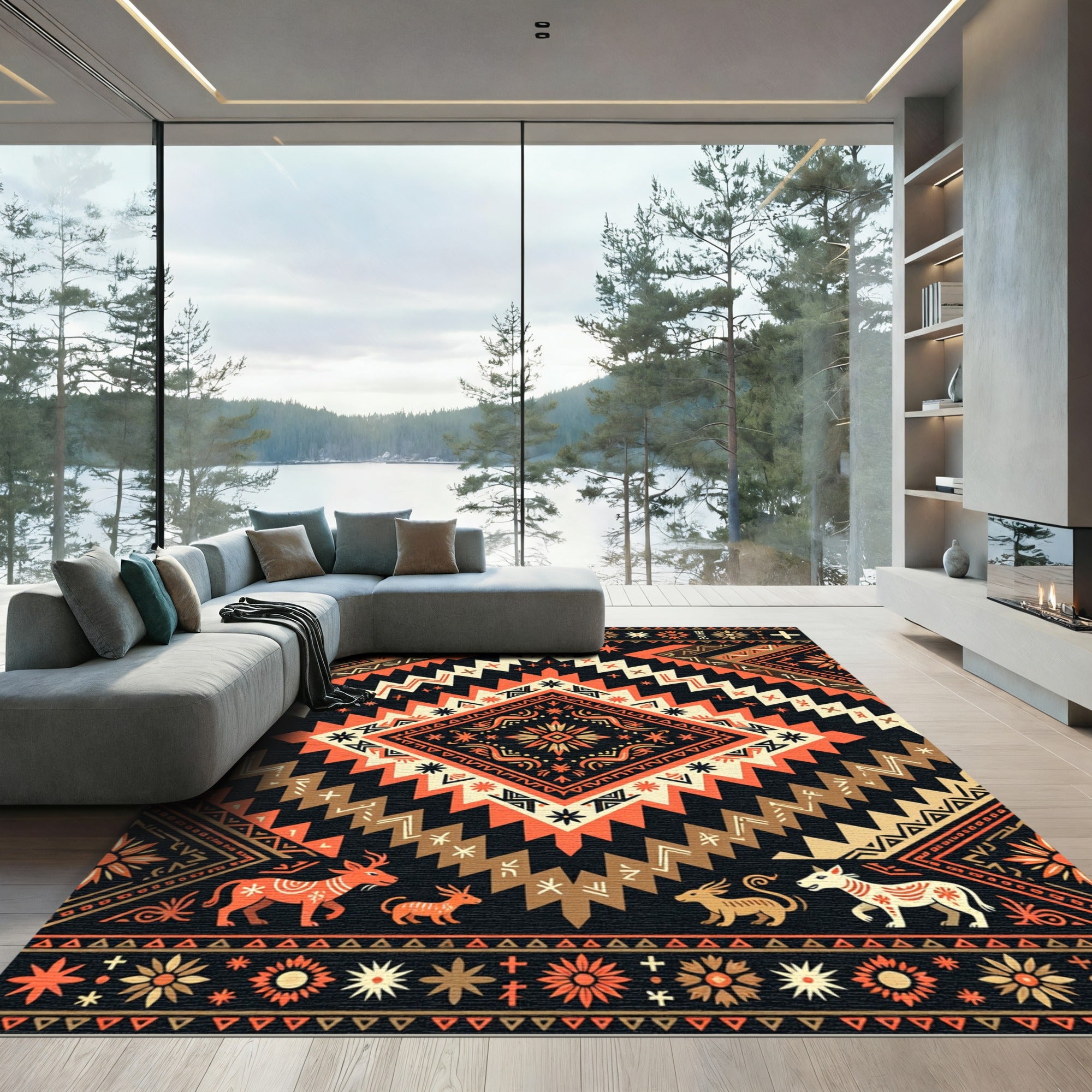 Bold Terracotta Aztec Geometric Wildlife Emblem Rug