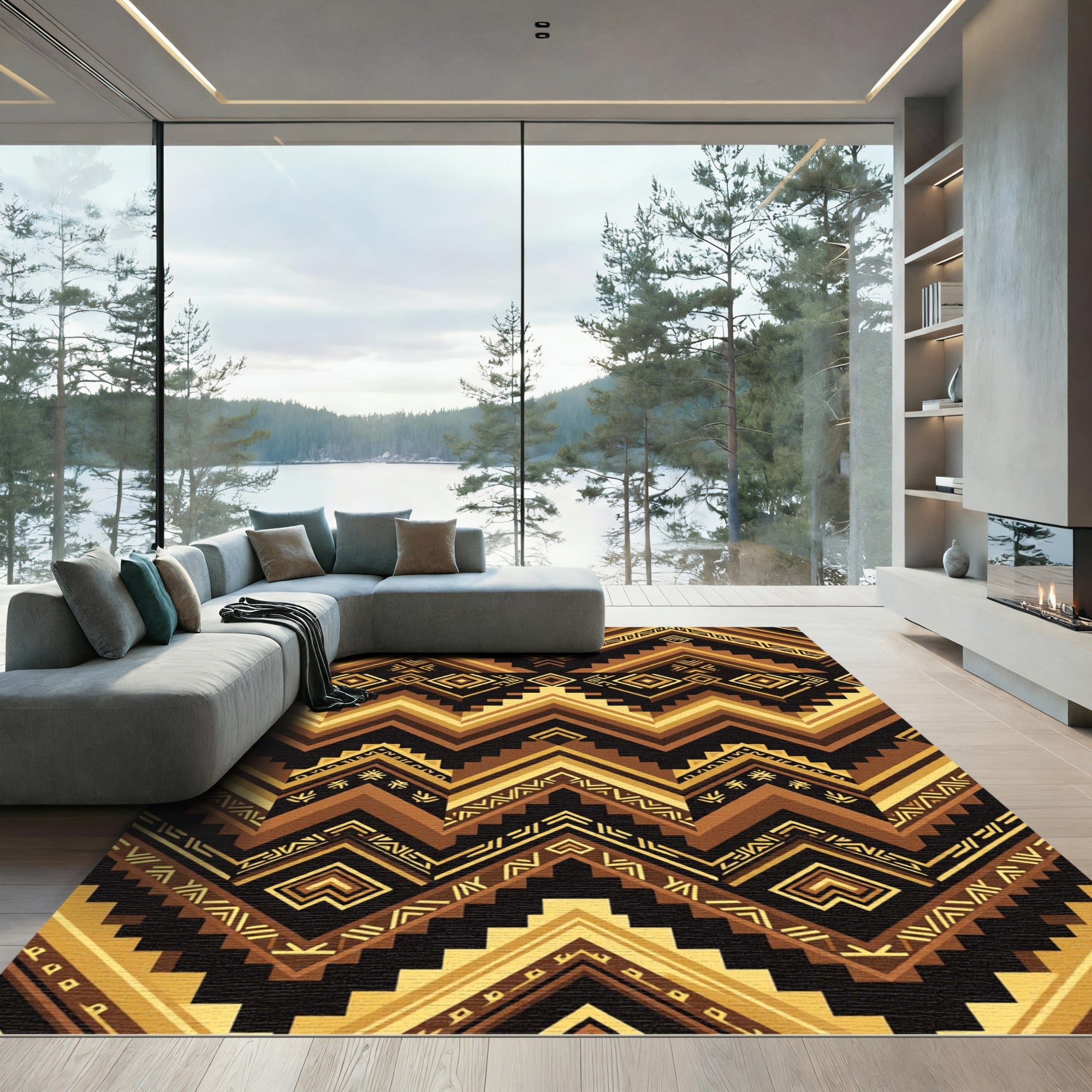 Gold and Brown Geometric Aztec Chevron Rug