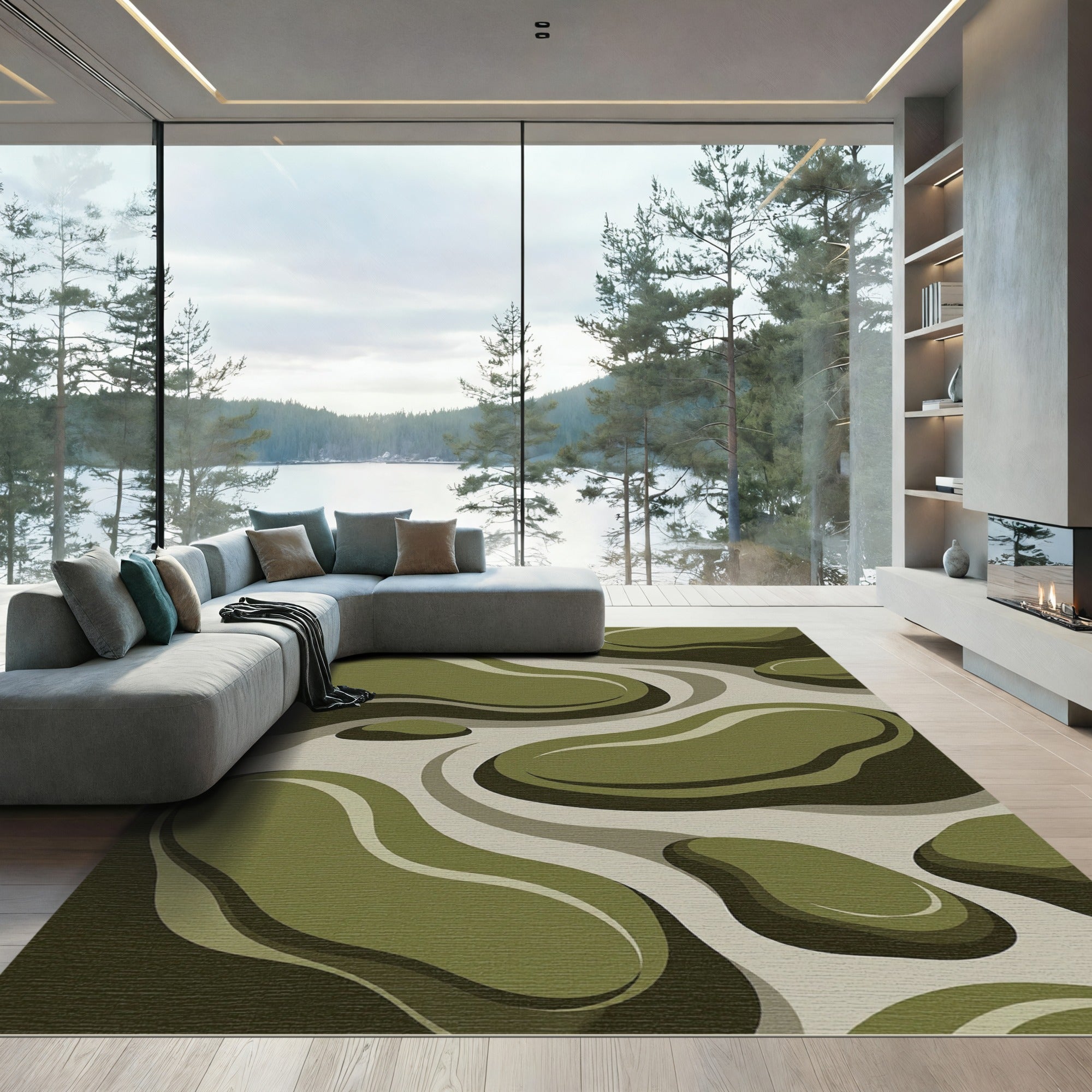 Olive Green Abstract Blob Flow Rug