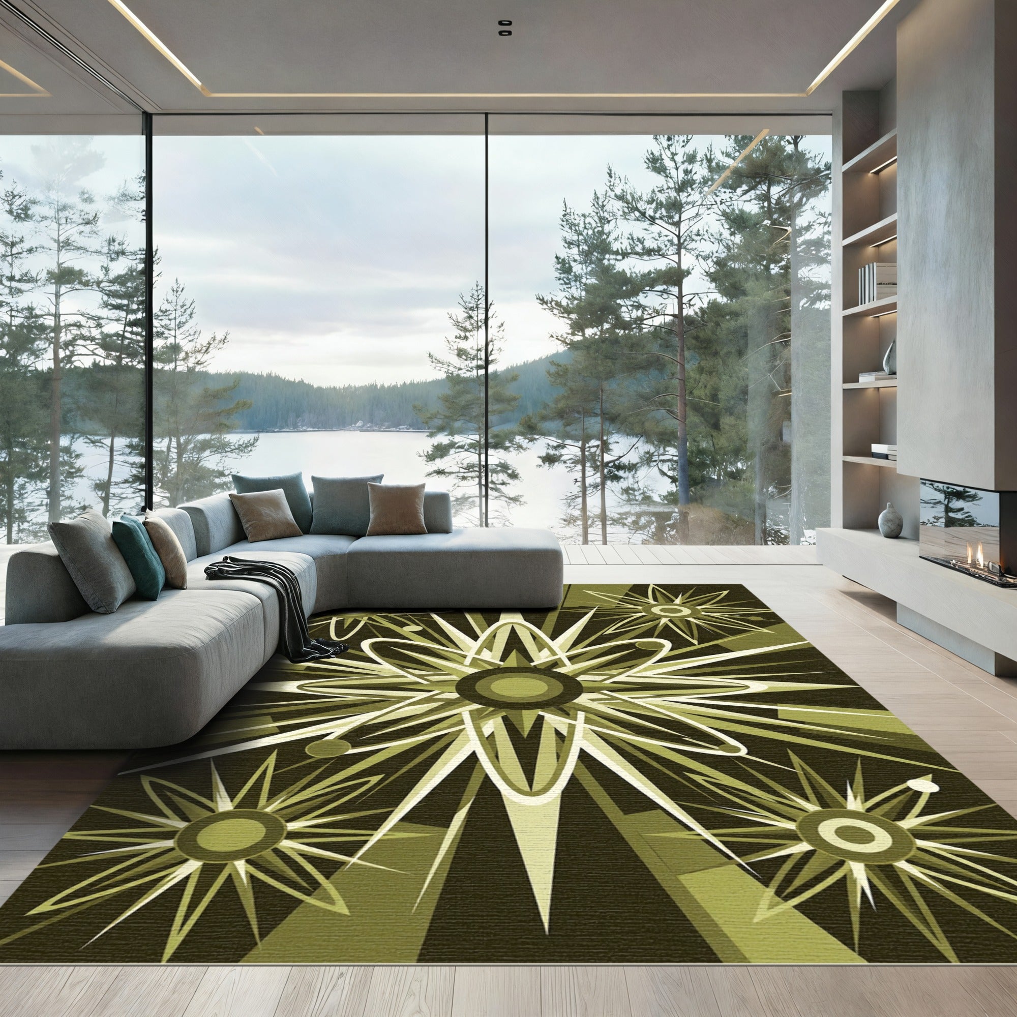 Mid-Century Atomic Olive Starburst Radiance Rug