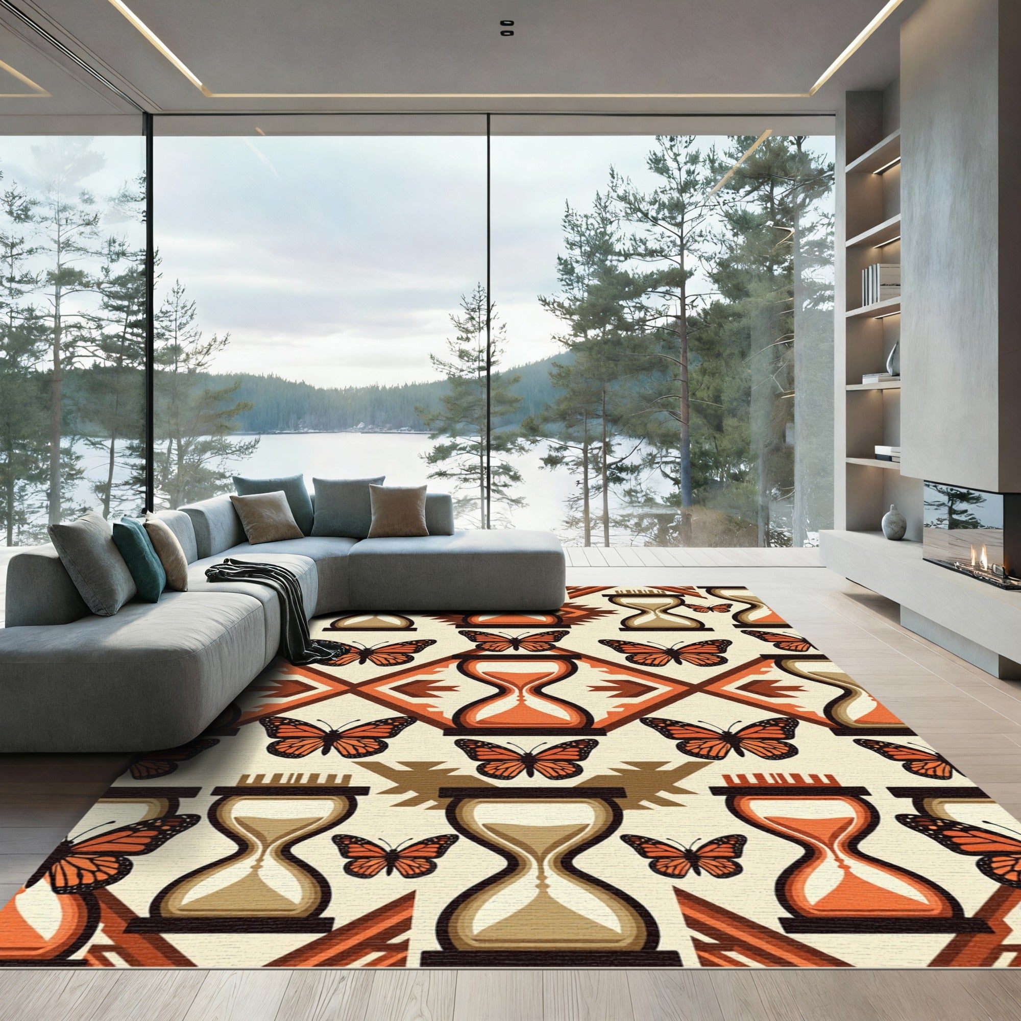 Terracotta Monarch Butterfly Hourglass Geometric Rug