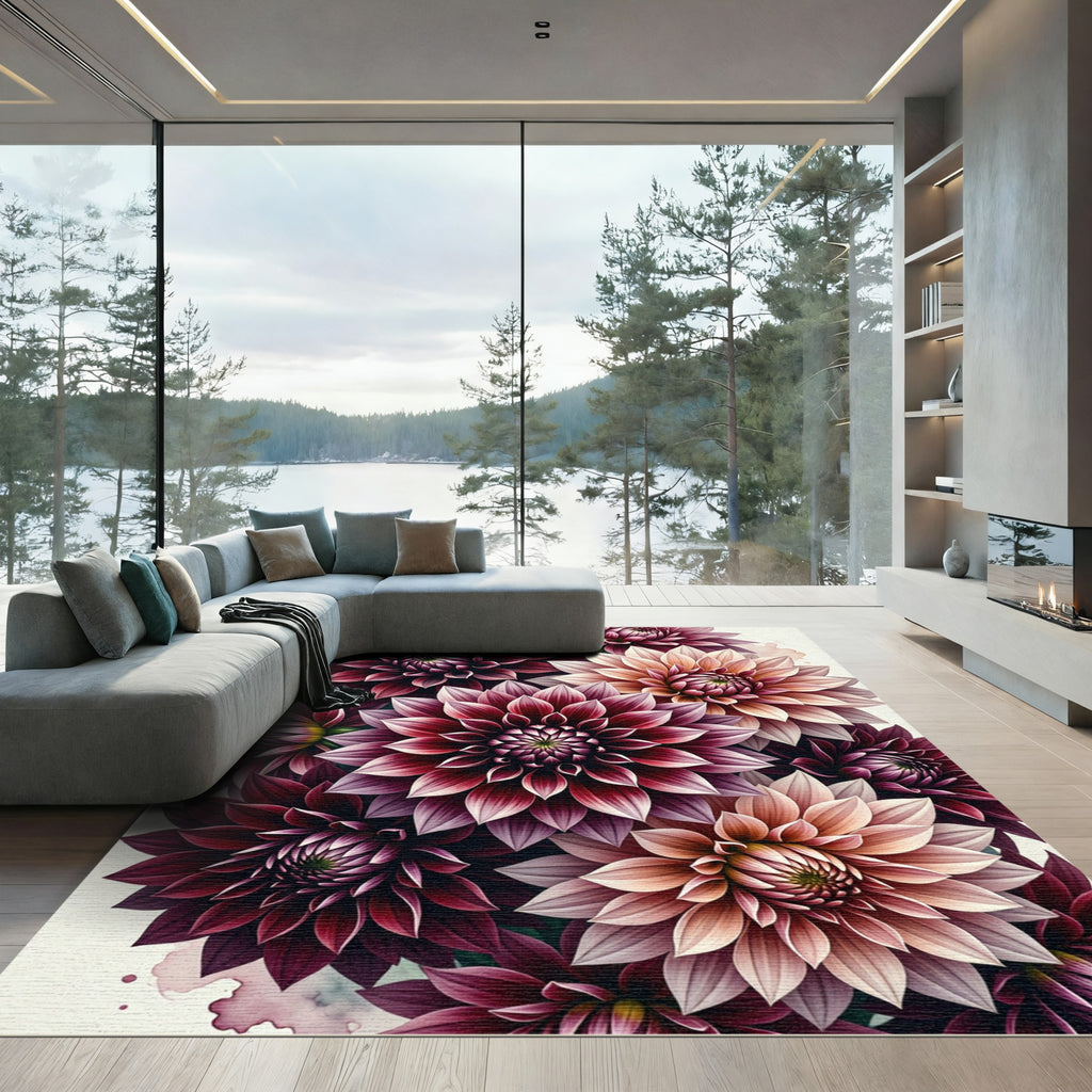 Rich Burgundy Peach Dahlia Bouquet Rug