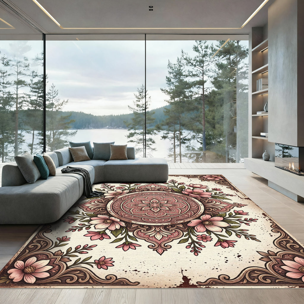 Vintage Dusty Rose Floral Medallion Rug