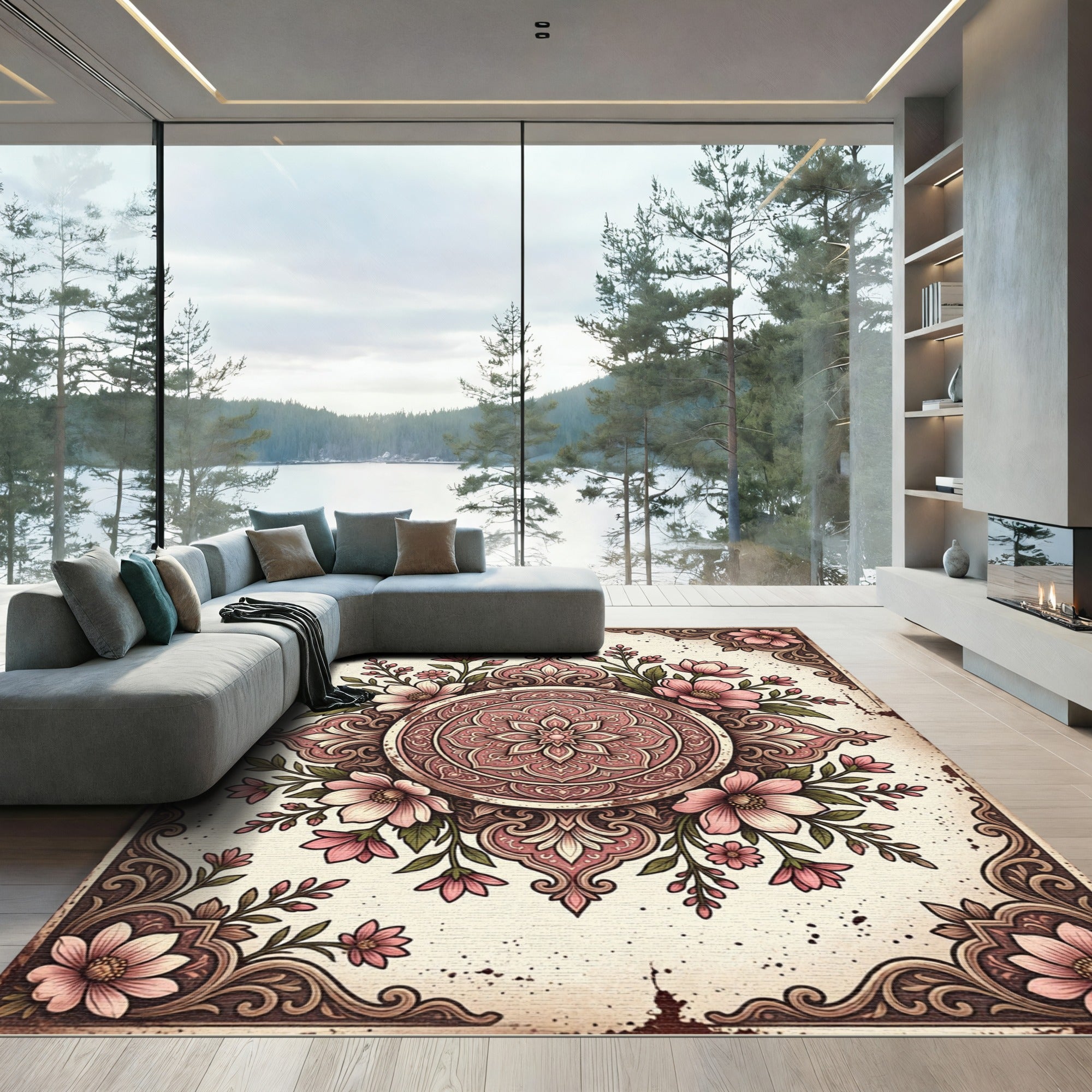 Vintage Dusty Rose Floral Medallion Rug